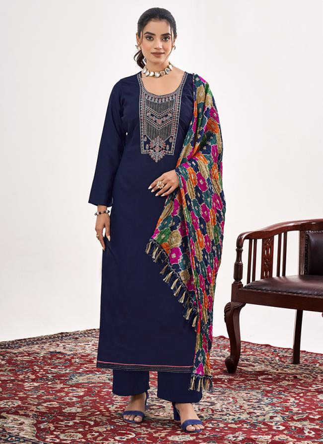 Rayon Navy Blue Casual Wear Embroidery Work Palazzo Suit